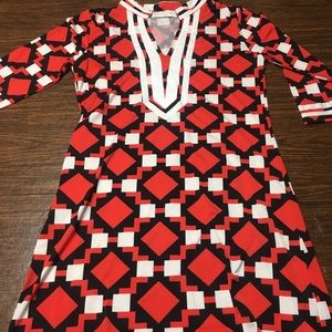 Tracy Negoshian Geometric Red White Navy Blue Knee length 3/4 sleeve dress Small